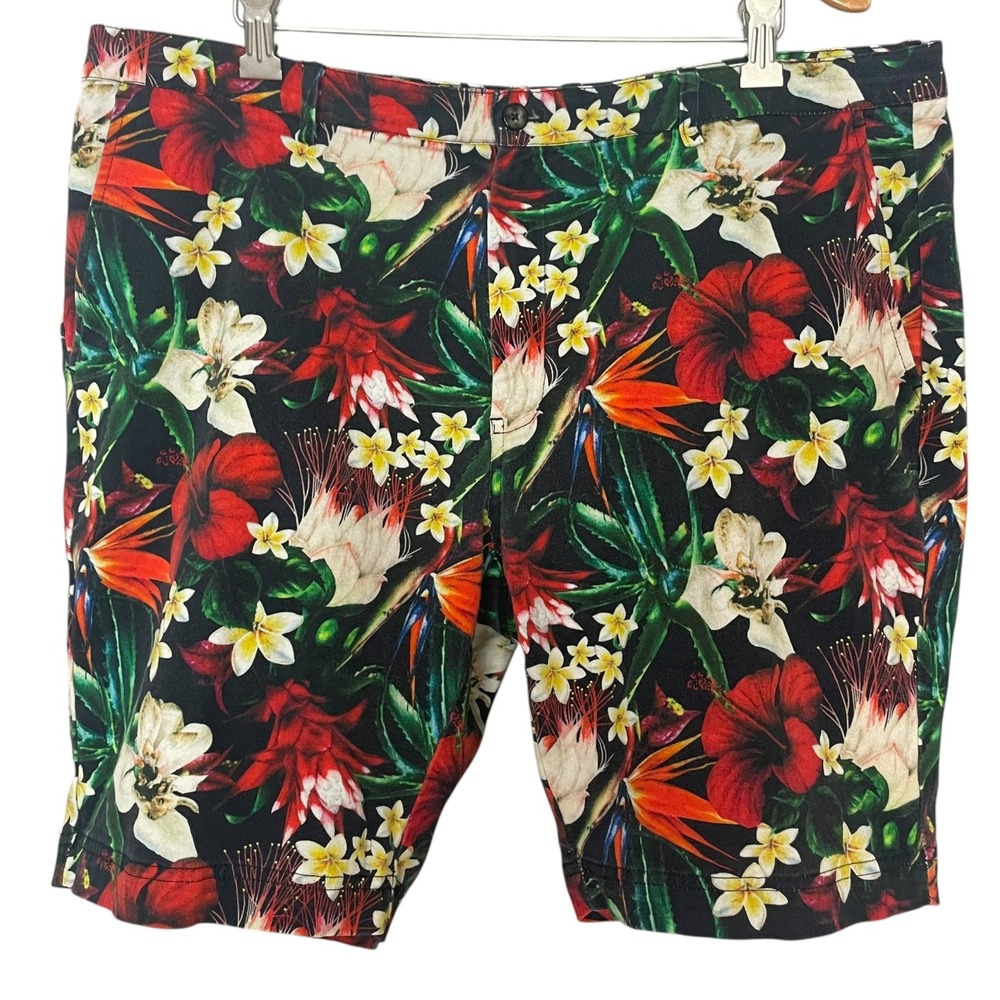 Paisley & Gray Tropical Shorts Floral Mens Slim Fit W34 Hibiscus Black Bright